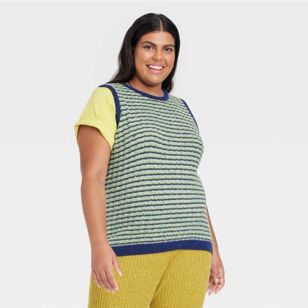 Women's Plus Size Crewneck Pullover Sweater - Ava & Viv Blue Striped 1X NWOT 2